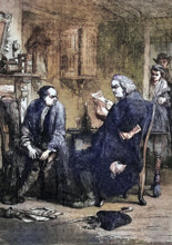 Dr. Samuel Johnson reads the manuscript of Oliver Goldsmith's The Vicar of Wakefield. one of the