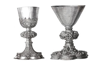 Two richly decorated chalices with enamels and filigree ornaments.