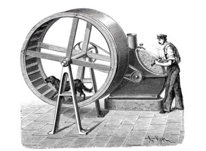 Dog driving a grindstone wheel.