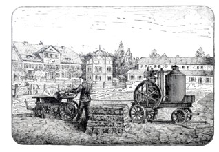 Mobile circular saw and splitting machine with petroleum engine.