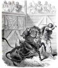 Pepin the Short in battle with bull and lion.
