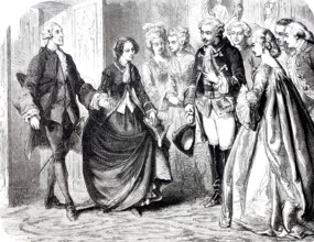 The Chevalier leads the lady into the hall with his arm outstretched.