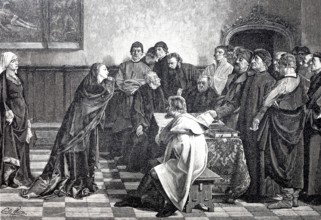 Mary of Burgundy asks the judges of Ghent for mercy for the councillors Hugonet and d'Himbercourt.