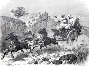 An express mail coach in the East Indies in 1870 at full speed.