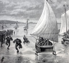 Race between sleds and ice skaters on Lake Muggelsee.