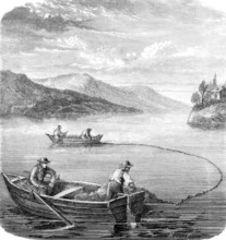 Fishermen on Lake Constance catching bluefish.