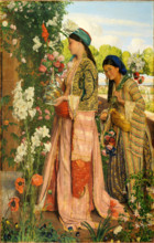 Two young Turkish women in a blooming garden with roses and lilies