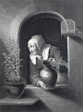 Elderly woman watering a flower pot in front of the window.