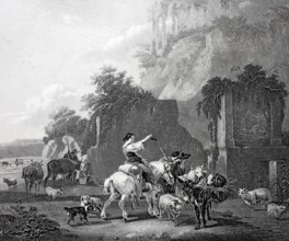 Rural scene with a peasant woman on horseback.