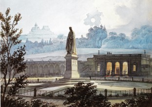 Castle square with arcades. evening. 1860. Coburg. Upper Franconia. Bavaria. Germany. Historical.