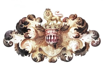 Helmet. coat of arms and cloak or lambrequin of the British sovereign. 1820. England. Historical.