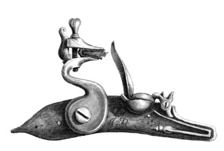 Regulation lock. flintlock. rifle from the 17th century. from the book The British Army. 1868.