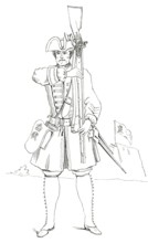 Foot soldier with weapons. England. 1745. from the book The British Army. 1868. Historical.