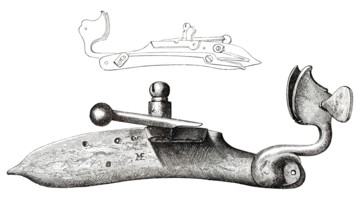 A 17th-century matchlock. A mechanism or lock for firing a handgun. From the book *The British