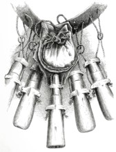 18th-century weapon technology. bandoleers showing the arrangement of the cords. rings. bullet