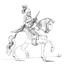 A 17th-century cuirassier during a pistol drill. England. from the book The British Army. 1868.