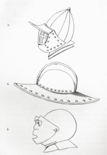 Helmets: 1. Incomplete visor helmet. The visor opens via a hinge on the forehead. 2. Lancer's pot