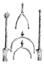 Spurs from around 1460 from the Tower Collection. from the book The British Army. 1868. Historical.