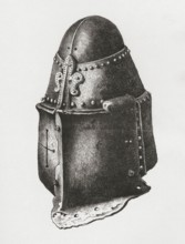 Helmet circa 1350. similar to that of the Black Prince in Canterbury Cathedral. but with the Piéce