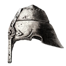 An early 12th-century nasal helmet. from the book The British Army. 1868. Historical. digitally