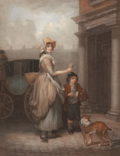 Young woman selling matches. traveling from door to door with her boy and a dog. matches. England.