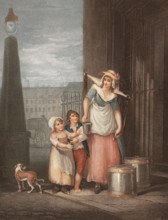 Young woman. milkmaid. distributing milk to two children. England. around 1790. painting by Francis