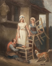 Old chairs for repair. chair weaver repairing the seat of a chair. a woman bringing another chair.