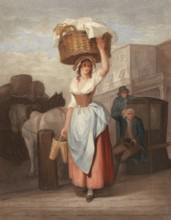 Young woman. trader with a large basket on her head. on her way to the market. England. around 1790