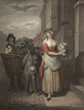 Young woman. a greengrocer with turnips and carrots in a basket on a pack donkey. goes from house