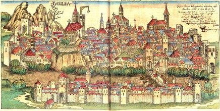 View of the city of Basel from the Schedel World Chronicle. 1495. Switzerland. Historical.