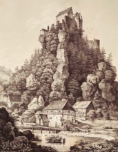 Rabeneck Castle around 1840. a high medieval aristocratic castle. above the Wiesent Valley in