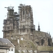 Regensburg Cathedral. construction site. erection of the towers in 1865. Bavaria. Germany.