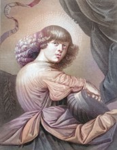 Angel playing a guitar. a boy with curly hair looks at the viewer. in a colorful robe. after a