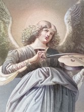 Musician angel with a violin. An angel with curly hair playing the violin. surrounded by a heavenly