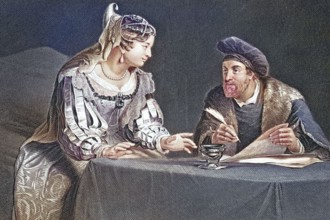 The legal hearing. a couple in historical clothing discussing a document. concentrated atmosphere.