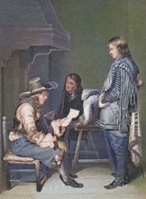 The orderly. a soldier assigned to deliver orders. hands a letter to a man. Three men in historical