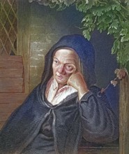 The mother of the painter Adriaen van Ostade. pensive woman in a black headscarf. melancholic mood