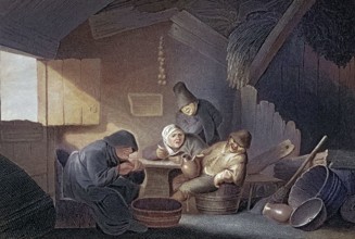 In the village tavern. a group of farmers gathered around a table in a rustic hut. play of light