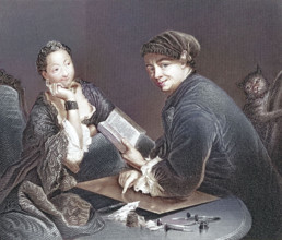 Engraver Georg Friedrich Schmidt with copper plate. burin. book in conversation with a noble lady.