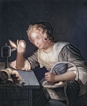 The egg test. a child curiously examines a chicken egg lit by a candle in a dark room. after a
