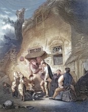 The organ grinder. barrel organ. scene at a farmhouse with several people in conversation and a dog