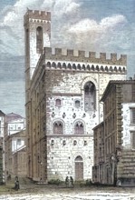 Palazzo del Bodesta in Bologna. around 1830. Italy. digitally restored reproduction of an old