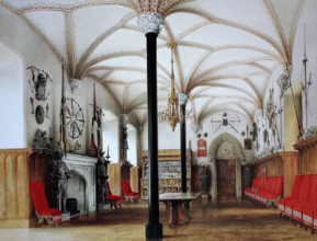 The Knight's Hall in Stolzenfels Castle near Koblenz around 1845. Rhineland-Palatinate. Germany.