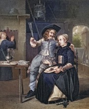 In the Tavern. a cheerful man with a woman. around 1700. after a painting by Gabriel Metsu.