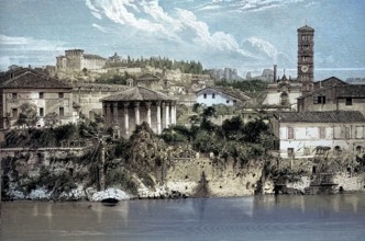 Temple of Hercules Victor and Cloaca Maxima. part of an ancient canal system in Rome. around 1850.