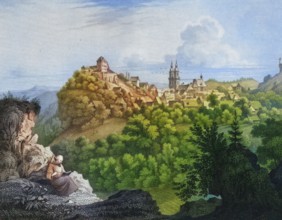 Castle. church and village of Gößweinstein around 1850. Franconian Switzerland. Forchheim district.