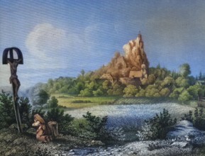 Location: Wichsenstein. Franconian Switzerland. around 1850. in the foreground a woman praying
