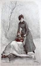 wealthy woman with ice skates out and about in winter. pushing a sled with her daughter. who is