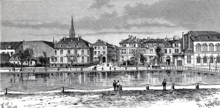 View of the city center of Mulhouse. today Mulhouse in Alsace. 1890. Germany. France. Historical.