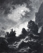 Night of terror. hurricane on the coast. lifeboat and wrecked sailing ship. distress at sea. 1880.